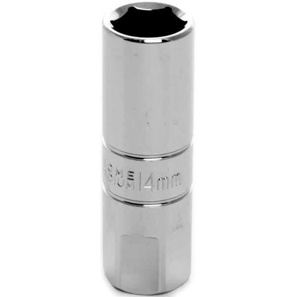 Performance Tool Chrome Spark Plug Socket, 3/8" Drive, 14mm, 6 Point, Deep, with 17mm Hex Bolster W38166